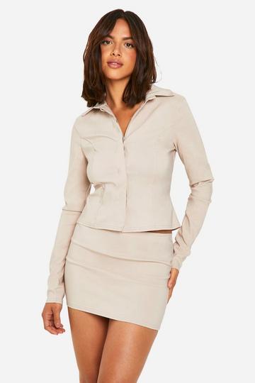 Super Stretch Fitted Shirt & Micro Mini Skirt stone