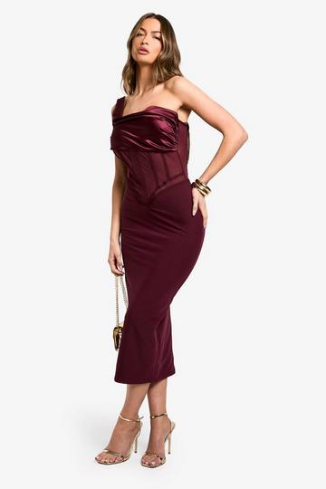 Burgundy Red Bandage Satin One Shoulder Midaxi Dress