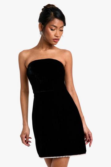 Black Velvet Pearl Trim Bandeau Skater Dress