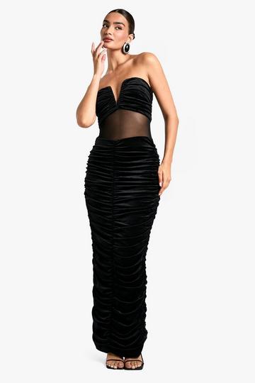 Black Velvet Mesh Plunge Ruched Maxi Dress