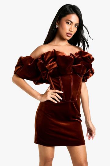 Extreme Ruffle Velvet Mini Dress chocolate