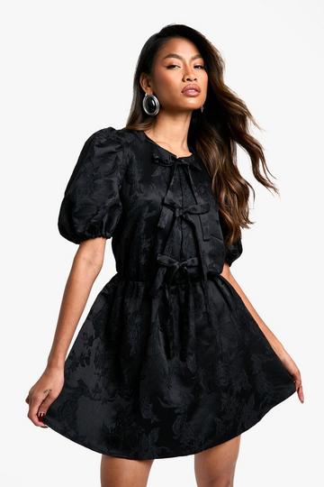 Jacquared Taffeta Puff Sleeve Tie Front Skater Dress black