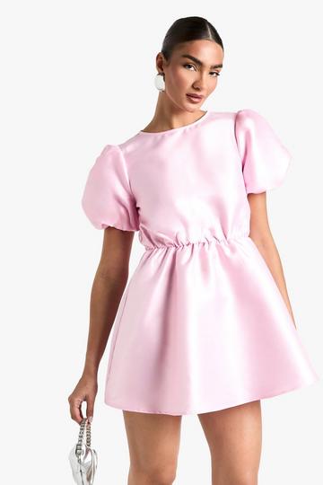 Pink Taffeta Puff Sleeve Tie Back Skater Dress