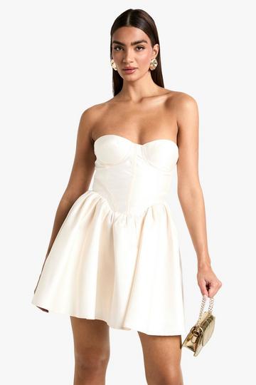 Cream White Taffeta Corset Lace Up Skater Dress