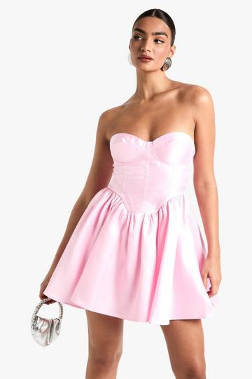 Pink Taffeta Corset Lace Up Skater Dress