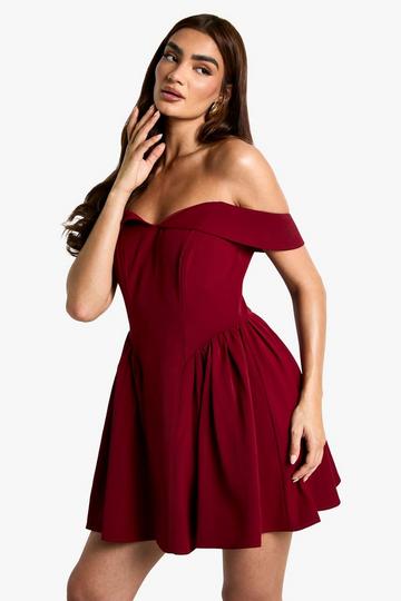 Plum Purple Bardot Structured Skater Dress