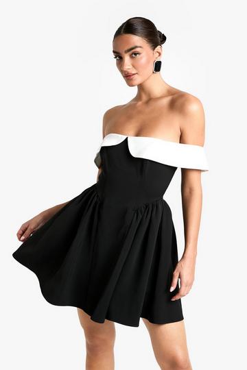 Contrast Bardot Structured Skater Dress black