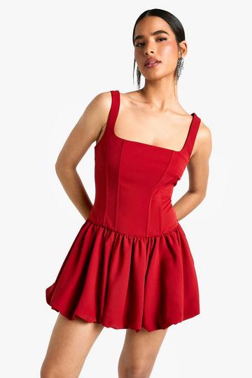 Bubble Hem Lace Up Mini Dresss red