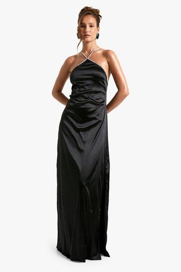 Satin Diamante Trim Low Back Slip Dress black