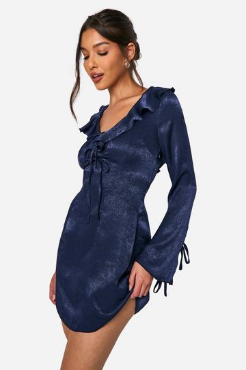 Satin Ruffle Front Tie Sleeve Shift Dress navy