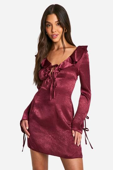 Burgundy Red Satin Ruffle Front Tie Sleeve Shift Dress