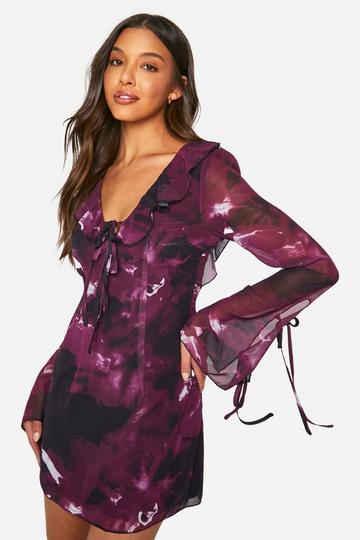 Purple Chiffon Printed Ruffle Front Tie Sleeve Shift Dress