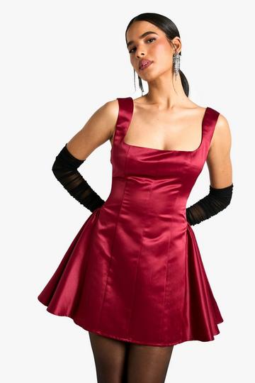 Red Extreme Satin Structured Square Neck Skater Dress