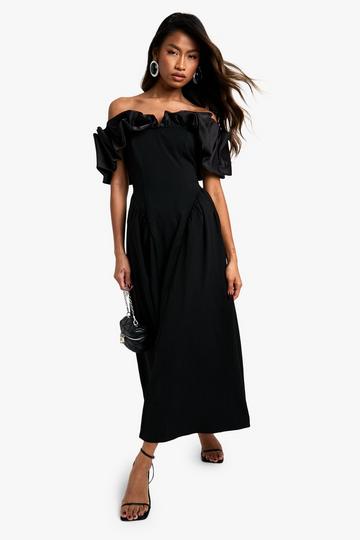 Extreme Taffeta Ruffle Bardot Structured Midaxi Skater Dress black