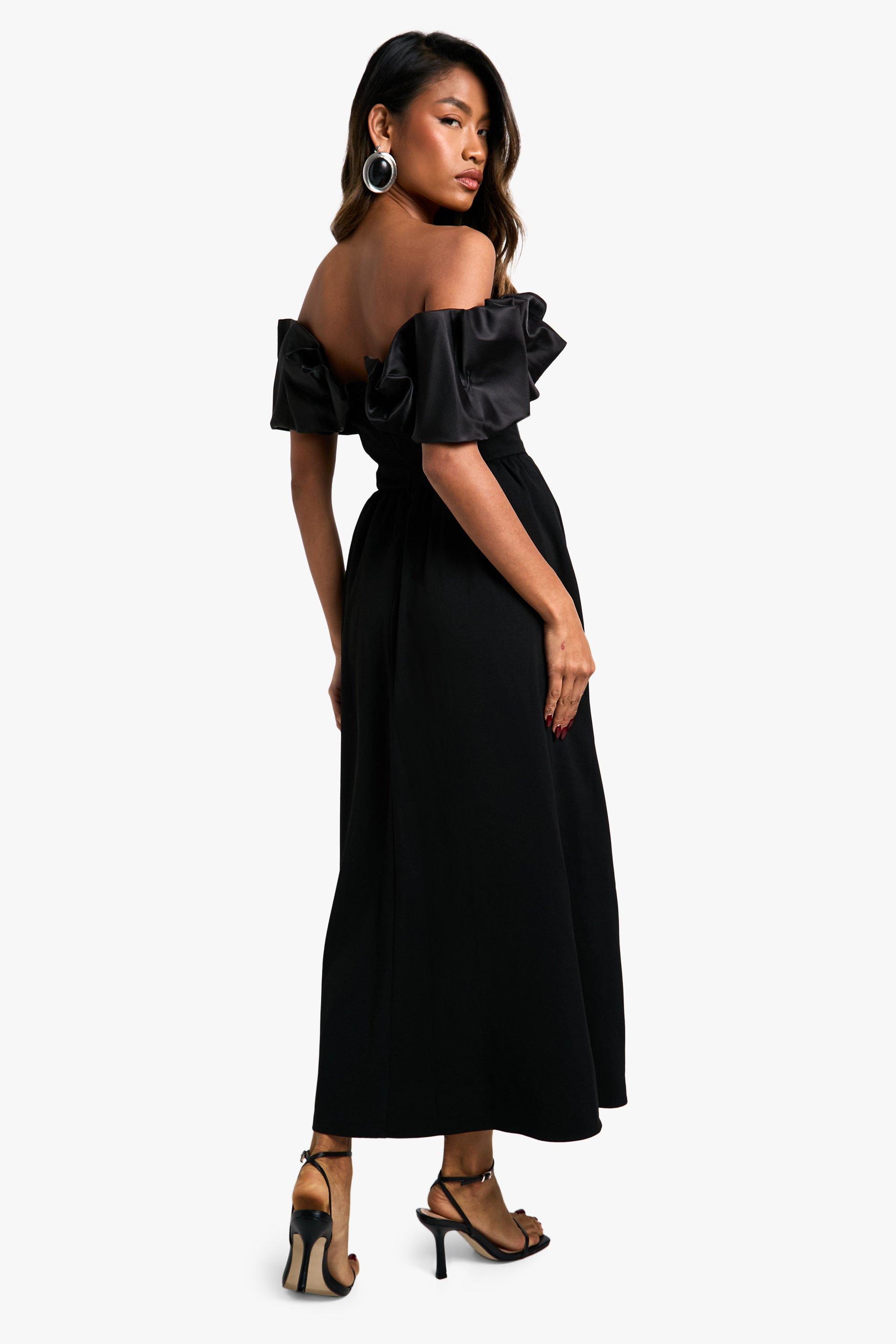 Black ruffle bardot dress hotsell