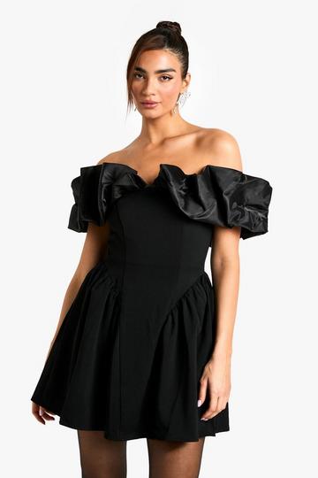 Extreme Taffeta Ruffle Bardot Structured Skater Dress black