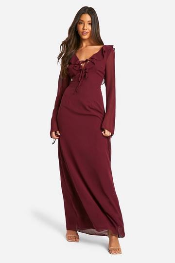 Burgundy Red Chiffon Ruffle Front Tie Sleeve Maxi Dress