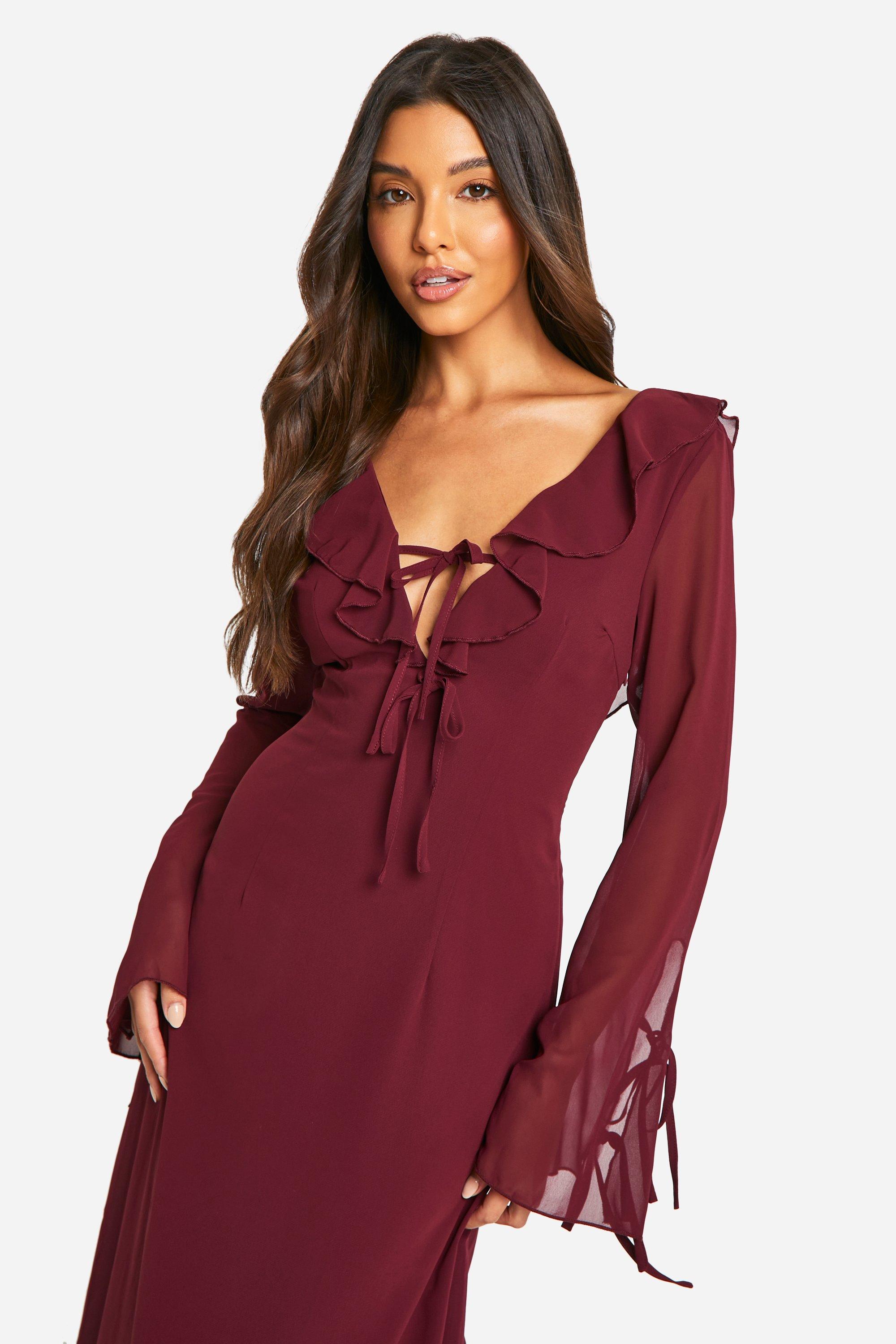 Burgundy dress boohoo hotsell