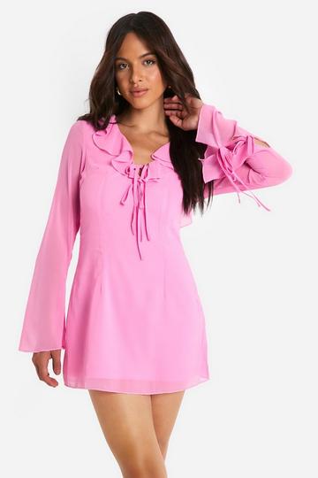 Chiffon Ruffle Front Tie Sleeve Shift Dress pink