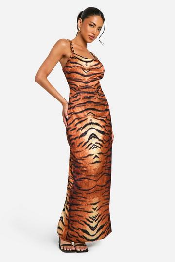 Satin Tiger Print Trim Strap Maxi Dress brown