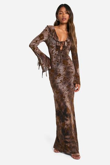 Devore Ruffle Front Tie Sleeve Maxi Dress brown