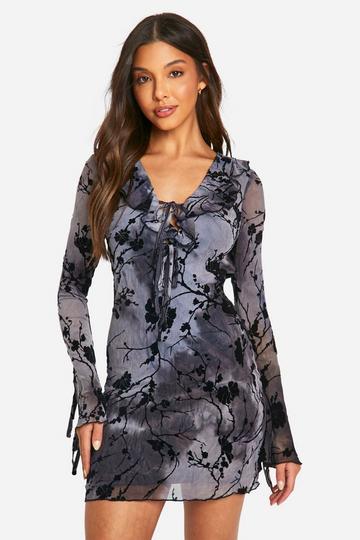 Devore Ruffle Front Tie Sleeve Shift Dress black