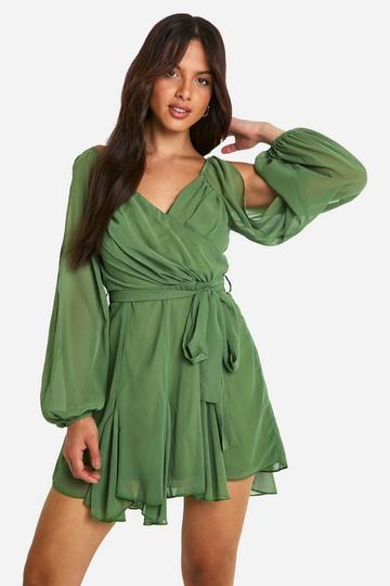 Olive Green Chiffon Lace Back Puff Sleeve Wrap Skater Dress