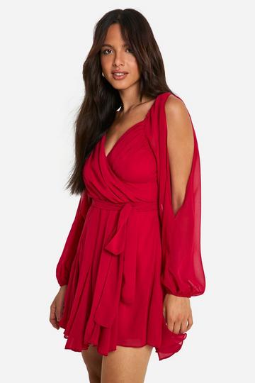 Red Chiffon Lace Back Puff Sleeve Wrap Skater Dress