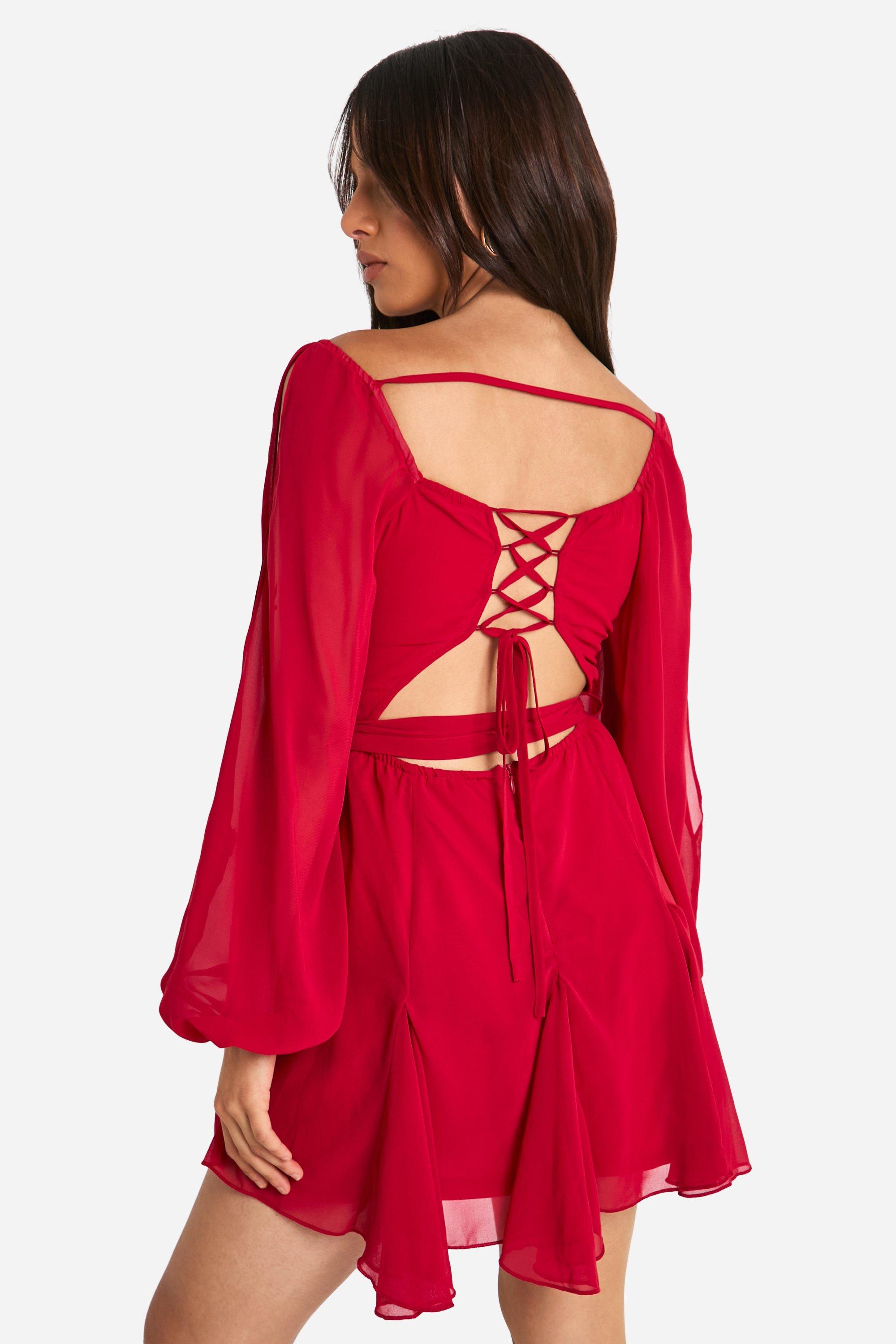 Chiffon Lace Back Puff Sleeve Wrap Skater Dress boohoo NO