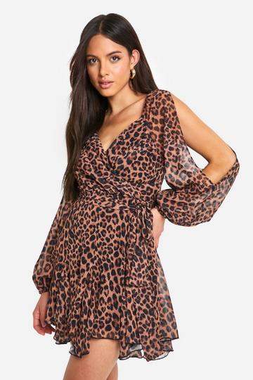 Leopard Chiffon Lace Back Puff Sleeve Wrap Skater Dress brown