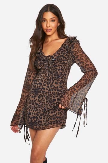 Leopard Chiffon Ruffle Shift Dress brown