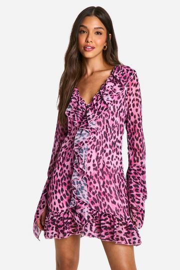 Loshangende Chiffon Luipaardprint Jurk Met Extreme Ruches pink