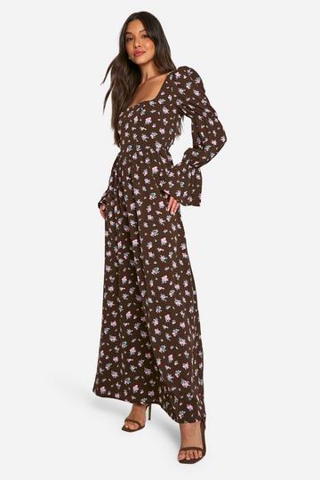 Bloemen Melkmeisjes Maxi Jurk Met Korset Top En Pofmouwen brown