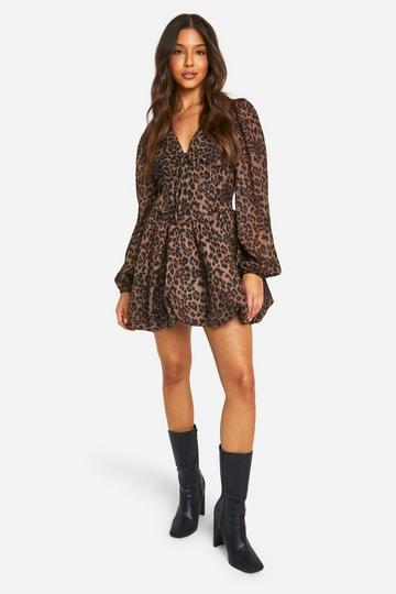 Multi Chiffon Leopard Print Puff Sleeve Milkmaid Skater Dress