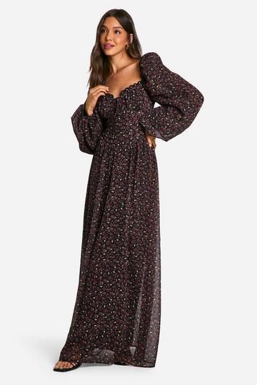 Chiffon Cherry Print Puff Sleeve Milkmaid Maxi Dress black