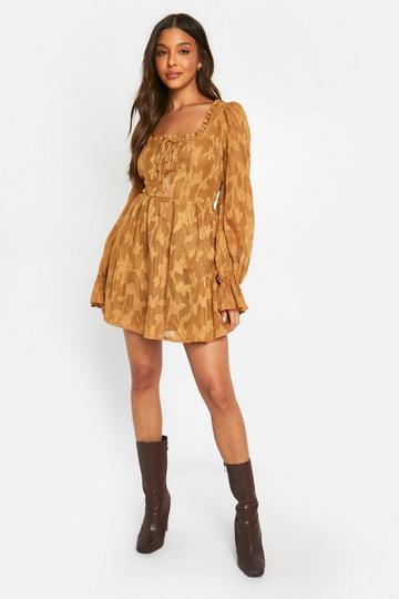 Textured Puff Sleeve Milkmaid Skater Dress caramel