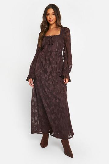 Textured Puff Sleeve Milkmaid Maxi Dress chocolate