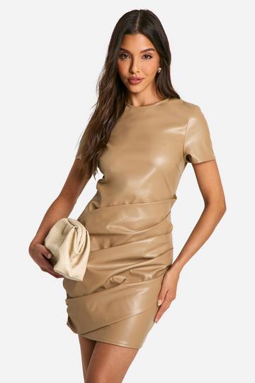 Stone Beige Pu Wrap Ruched T-shirt Mini Dress