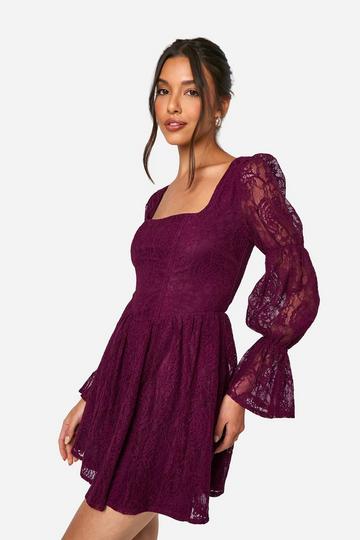 Plum Purple Lace Corset Puff Sleeve Skater Dress