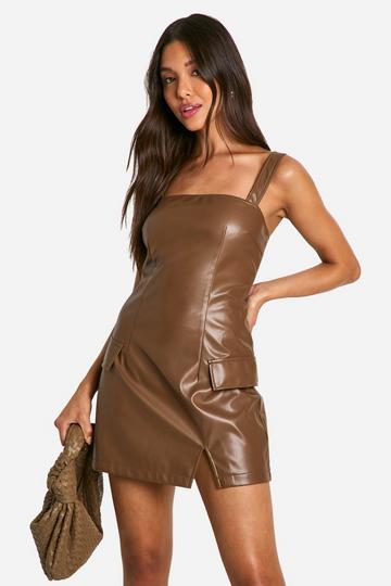 Pu Square Neck Pocket Front Dress chocolate