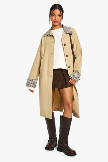 Stone Beige Check Collar Trench Coat