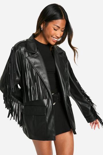 Black Fringe Detail Faux Leather Belted Jacket