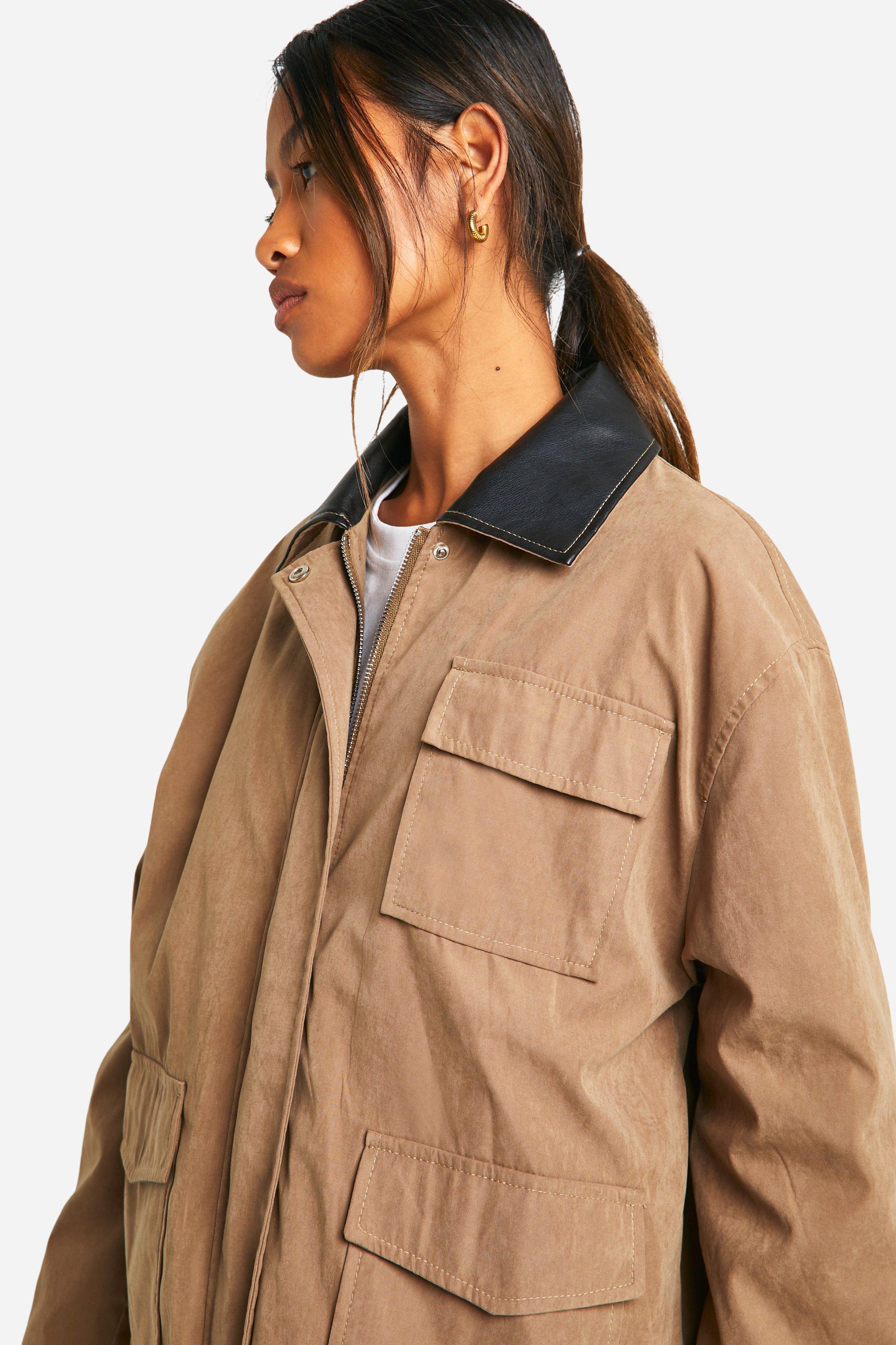 Boohoo Women s Contrast Collar Oversized Barn Jacket Beige