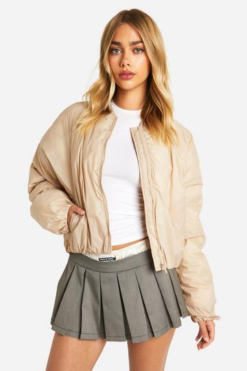 Stone Beige Puffer Nylon Bomber Jacket