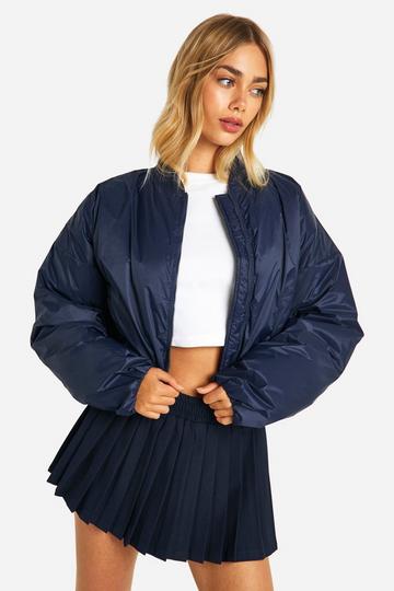 Navy Puffer Nylon Bomber Jacket