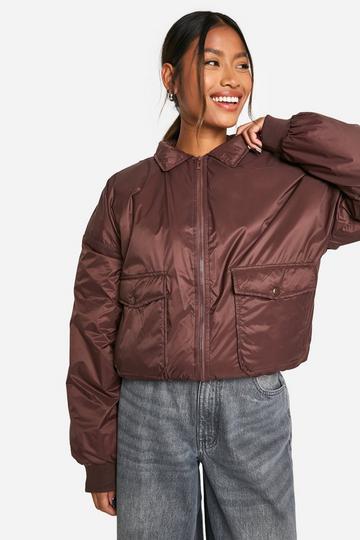 Collar Detail Nylon Bomber Jacket chocolate