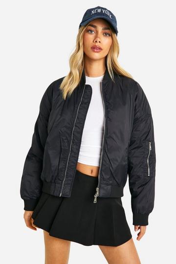 Black Shoulder Pad Nylon Bomber Jacket