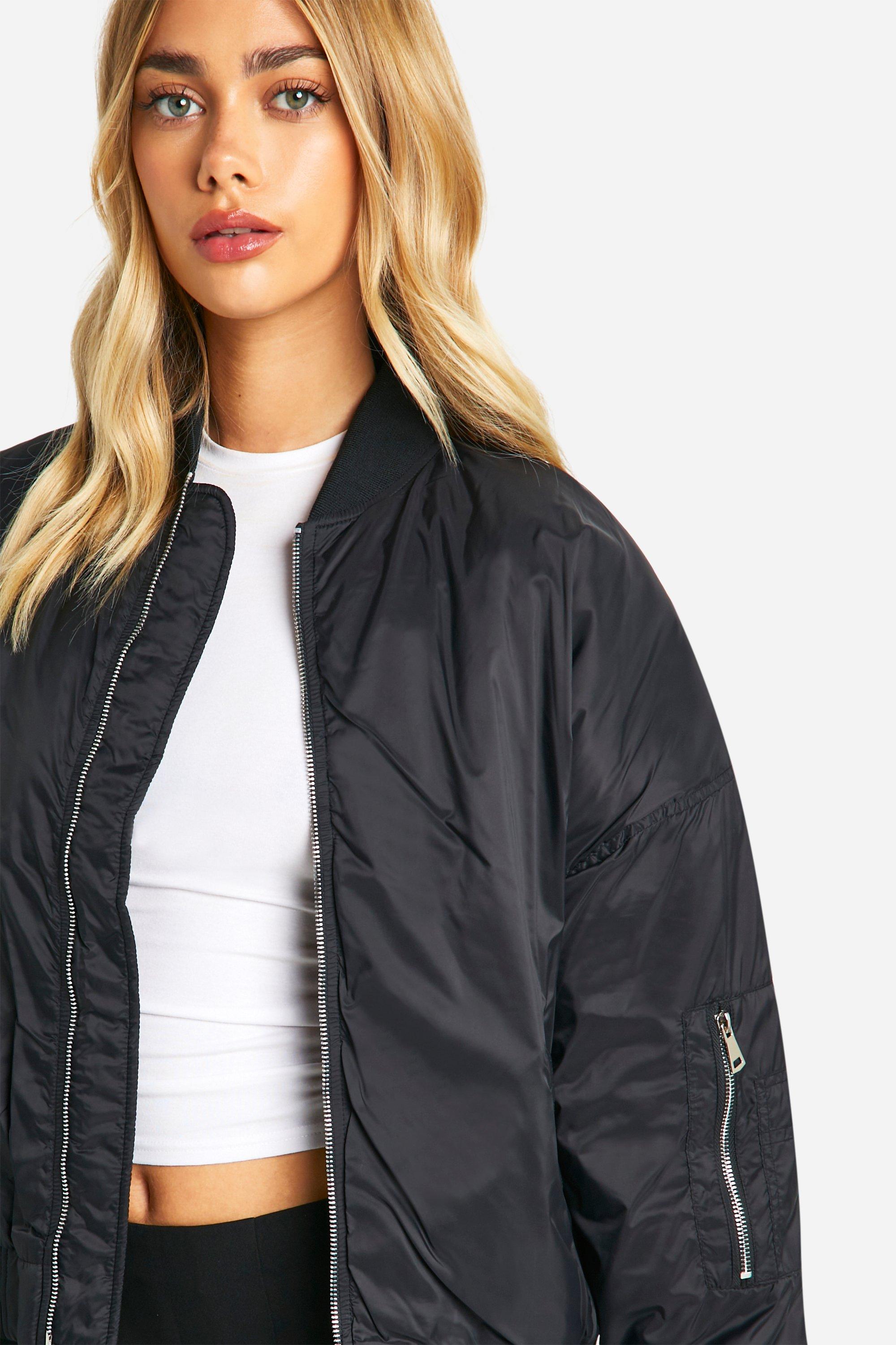 Boohoo Women s Shoulder Pad Nylon Bomber Jacket Black