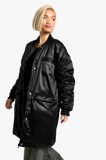 Oversized Longline Satin Bomber Jacket black