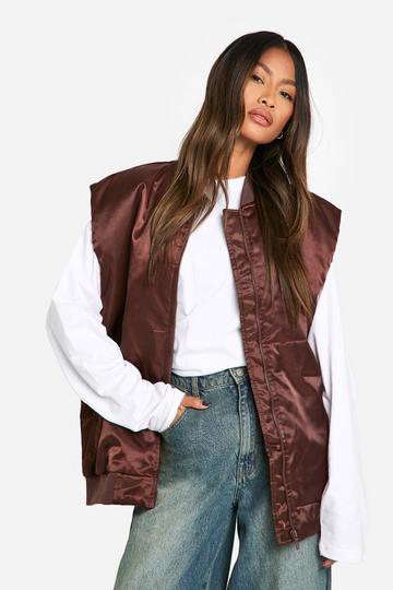 Chocolate Brown Oversized Gilet Satin Bomber Jacket